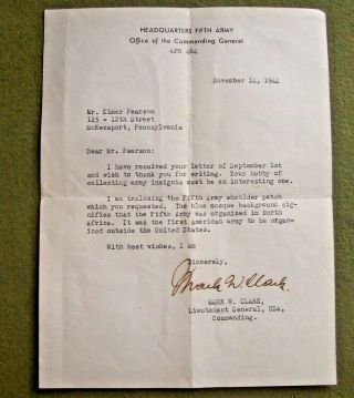 1944 Ww Ii Gen.  Mark W.  Clark Signed Letter Fifth Army Correspondence Insignia
