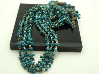 Vintage Navajo Blue Turquoise Sterling Shell Three Strand Gemstone Necklace 30 "