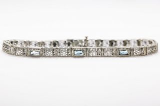 Antique Art Deco Filigree 10k White Gold Aquamarine Or Blue Topaz Bracelet