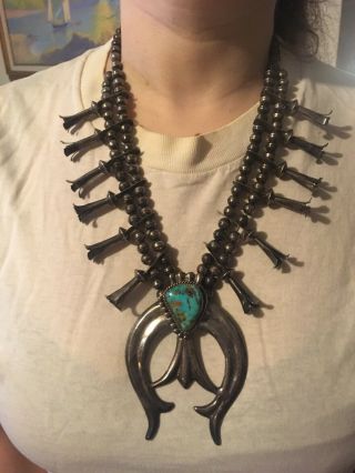 Vintage Navajo “squash Blossom” Sterling Silver Necklace With Turquoise Stone.