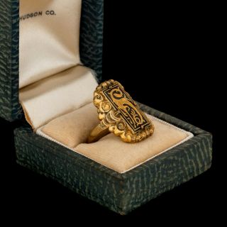 Antique Vintage Art Nouveau 14k Gold Filled Gf Damascene Enamel Band Ring Sz 7.  5