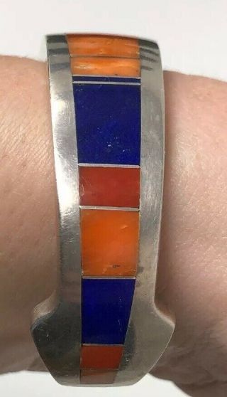 Vintage Ray Tracey Knifewing Sterling Silver Inlay Coral Shell Lapis Bracelet 10
