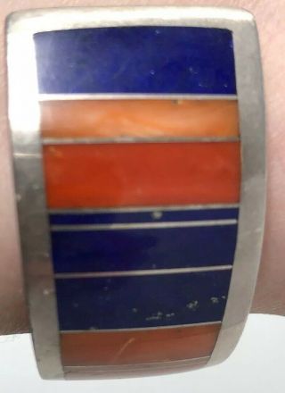 Vintage Ray Tracey Knifewing Sterling Silver Inlay Coral Shell Lapis Bracelet 11