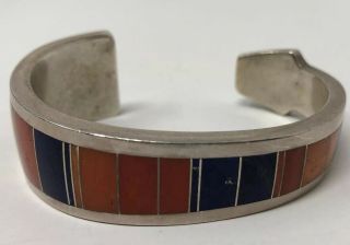 Vintage Ray Tracey Knifewing Sterling Silver Inlay Coral Shell Lapis Bracelet 2