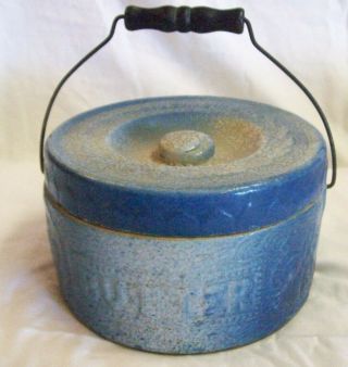 Antique Blue Stoneware Butter Crock With Lid -