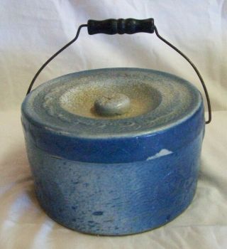 Antique Blue Stoneware Butter Crock with Lid - 4