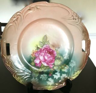 Antique Plate Circa 1860 Hand Painted Roses Decorative Pierced Handles 9 - 1/2 In