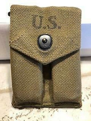 Wwii 1942 Hoff Mfg Co 45 Caliber Ammo Pouch - With Two Colt 45 Caliber Clips