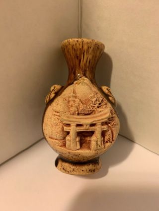 Antique Japanese Banko Ware Carved Pottery Vase Pagoda Landscape 3 1/2”