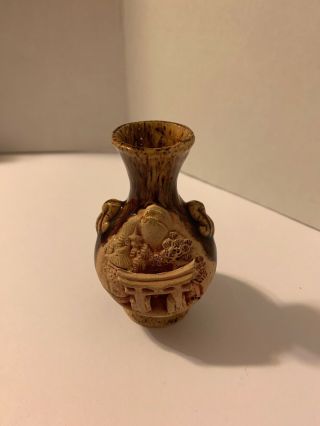 Antique Japanese Banko Ware Carved Pottery Vase Pagoda Landscape 3 1/2” 2