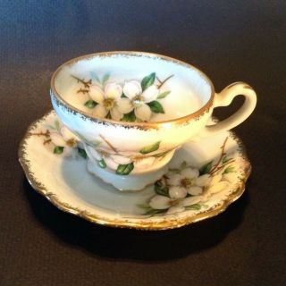 Hand Painted Demitasse Cup And Saucer - White Dogwood With Gold Accents - Japan