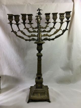 Impressive Antique Norblin Polish Judaica Brass Chanukah Menorah Candle Holder