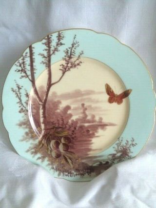 Antique Estate Porcelain Hand Painted Plate Butterfly Trees Fruit Blue/gilt Trim