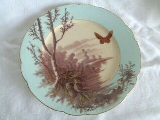 Antique Estate Porcelain Hand Painted Plate Butterfly Trees Fruit Blue/Gilt Trim 4