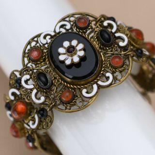 Vtg Art Deco Czech Onyx Givre Amber Glass Enamel Flower Bracelet