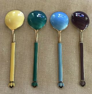 Set of 4 Vintage ' David Andersen ' Norway Enamel Sterling Guilloche Spoons 3