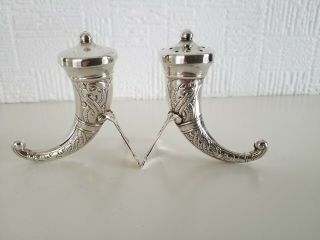 Antique Pair Silver Norwegian Novelty Viking Drinking Horn Salt & Pepper Pots