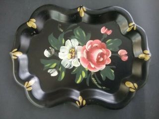 Vintage Tole Tray Black Handpainted Metal Small 6 X 8 Inches Pink Rose White