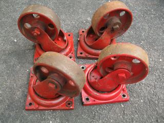 Set Of 4 Vintage 6 " Industrial Cast Iron Casters,  All Swivel