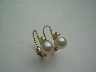 Vintage 9ct Gold Cultured Pearl Earrings With Natural Diamond Dormeuses Fittings