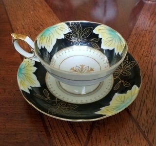 Vintage Shafford Hand Decorated Tea Cup & Saucer Set Green And Gold Leaves Japan