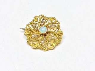 Victorian 15k,  Yellow Gold,  Dainty Pinwheel Pin W/ Seed Pearls & Opal