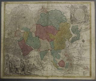 Asian Continent 1730 Seutter & Probst Unusual Antique Copper Engraved Map