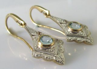 Vintage 9ct Yellow Gold Aquamarine Diamond Teardrop Earrings (for Pierced Ears)