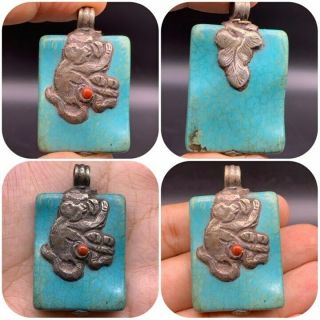 Stunninf Old Unique Persian Turquoise Pendant With Silver Monkey Sa650