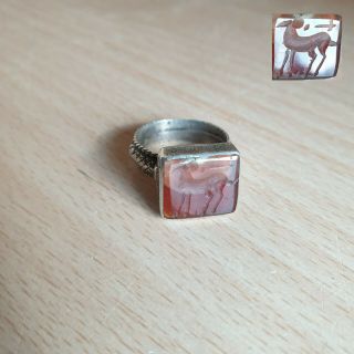 41 Antique Rare Ottoman / Yemeni Ring W.  Natural Agate Cabochon Carved With Deer