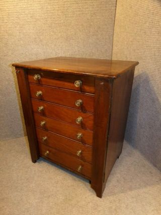 Victorian Wooden Miniature Table Top Wellington Chest Of Drawers / Antique