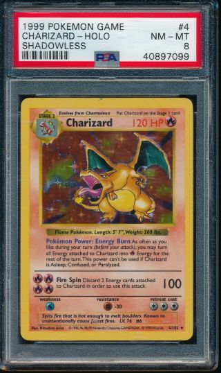 Psa 8 Charizard 1999 Pokemon Base Unlimited Shadowless 4/102 Holo Rare Nm -