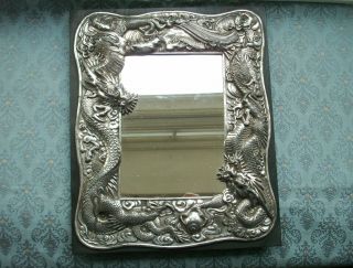 Old Antique Chinese Dragon Silver Plated Framed Wooden Wall Mirror C.  1900 Rare