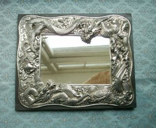 Old Antique Chinese Dragon Silver Plated Framed Wooden Wall Mirror C.  1900 Rare 2