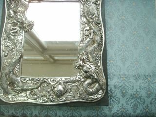 Old Antique Chinese Dragon Silver Plated Framed Wooden Wall Mirror C.  1900 Rare 3