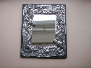 Old Antique Chinese Dragon Silver Plated Framed Wooden Wall Mirror C.  1900 Rare 4