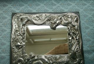 Old Antique Chinese Dragon Silver Plated Framed Wooden Wall Mirror C.  1900 Rare 5