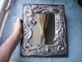Old Antique Chinese Dragon Silver Plated Framed Wooden Wall Mirror C.  1900 Rare 6