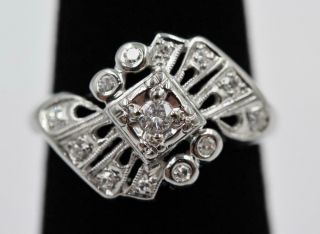 Art Deco Designer Filigree 14k White Gold 13 Diamonds Fancy Design Size 5.  5 Ring