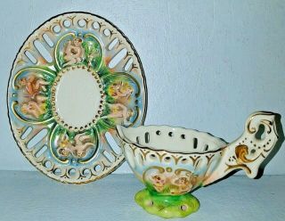 Antique Footed Demitasse Occupied Japan Tea Cup Saucer W/ Cherubs Fancy Cut Outs