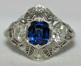 Vintage Filigree Platinum Blue Sapphire Diamond Ring 3.  9g Schumer 1950s Art Deco