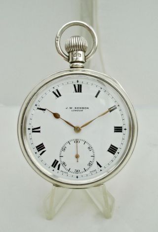 Solid Silver Antique Open Face J W Benson Pocket Watch Bir 1934 In Excellen Cond