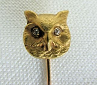 Antique Victorian 14k Gold Owl Stick Hat Pin Diamond Eyes Figural Bird