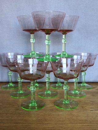 12 Vintage Watermelon Depression Etched Champagne Stemmed Glasses Tiffin (?)