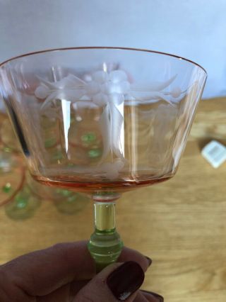 12 Vintage Watermelon Depression Etched Champagne Stemmed Glasses Tiffin (?) 3