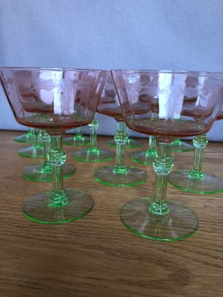 12 Vintage Watermelon Depression Etched Champagne Stemmed Glasses Tiffin (?) 5