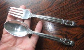 Georg Jensen Denmark Sterling Silver Acorn Pattrn Child Flatware Spoon And Fork