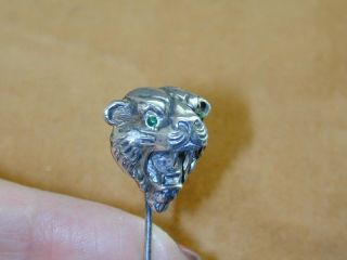 Antique Sterling Figural Fierce Tiger Stick Pin Emerald Eyes Fantastic
