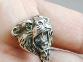 Antique Sterling Figural Fierce Tiger Stick Pin Emerald Eyes FANTASTIC 2