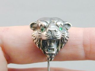 Antique Sterling Figural Fierce Tiger Stick Pin Emerald Eyes FANTASTIC 3